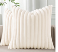 Fur Plush Throw Pillow Covers 18x18 Set of 2, Luxury Soft Fluffy Striped Decorative Pillow Covers for Sofa, Couch, Living Room, Cream White
